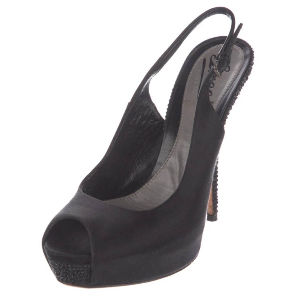 Gucci Black Satin Peep-Toe Slingback Heels - Picture 3 of 5